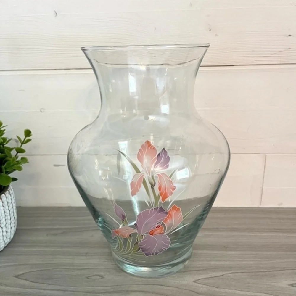 Glass Vase with Iris Design 9.5” Purple and Pink Irises